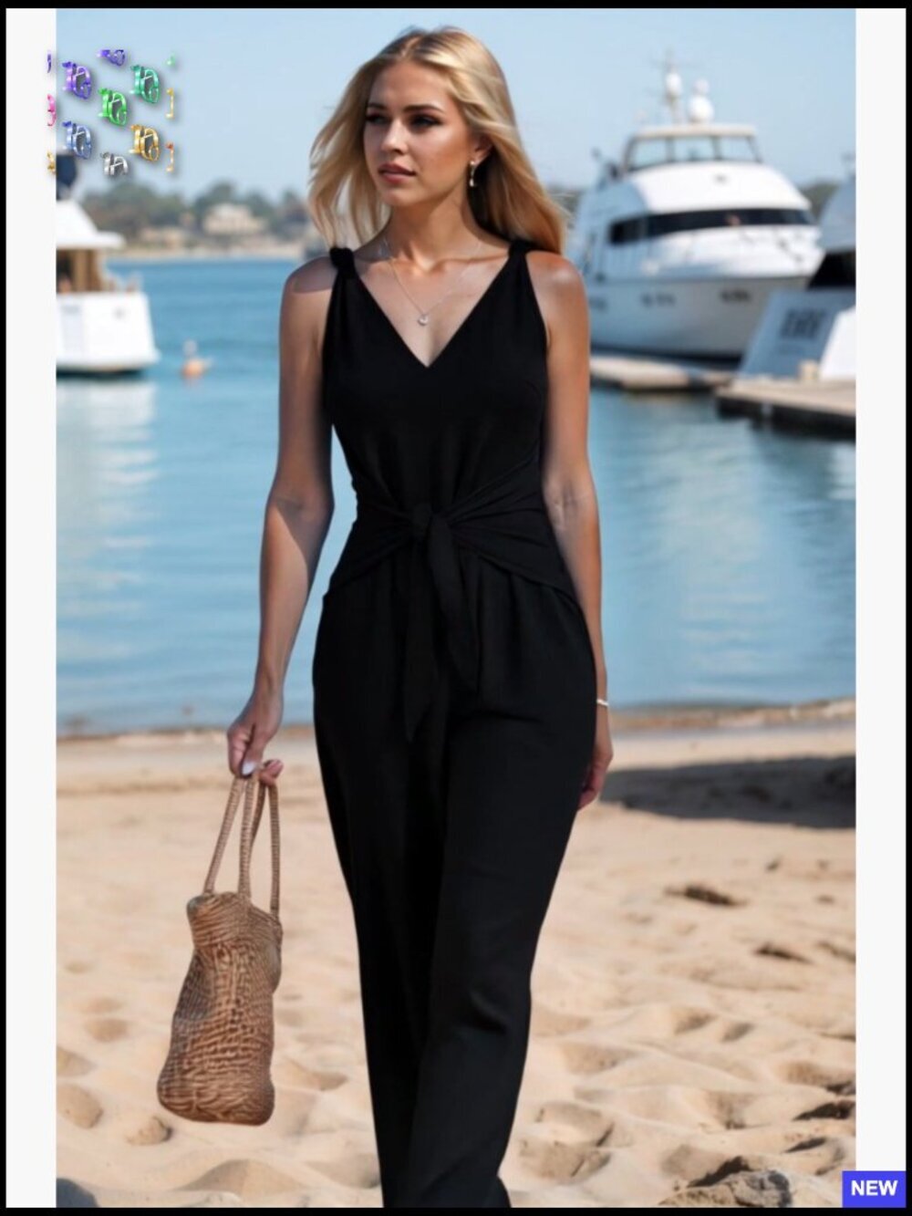 Sleeveless V-Neck Jumpsuit Wide Leg Pants Tie Knot Chic Summer Romper - Picture 7 of 7